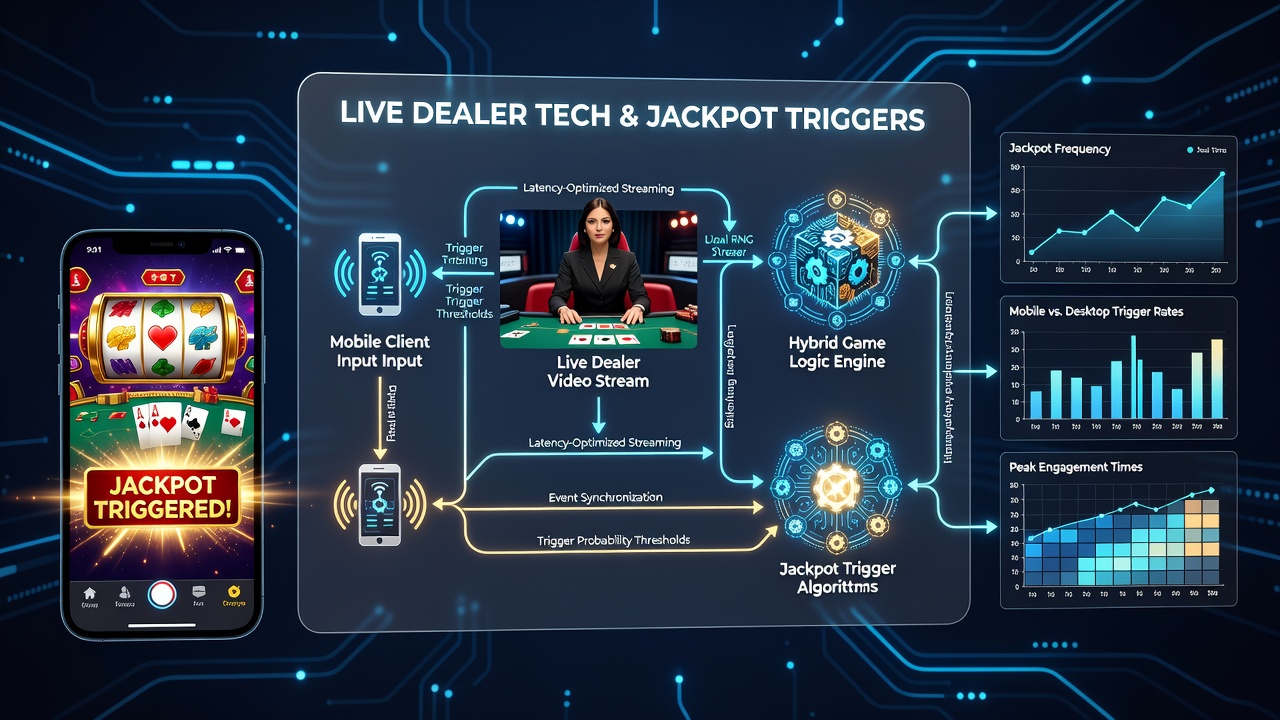 Mobile screen displaying synchronized live dealer poker hybrid with active jackpot meter and real-time trigger indicators